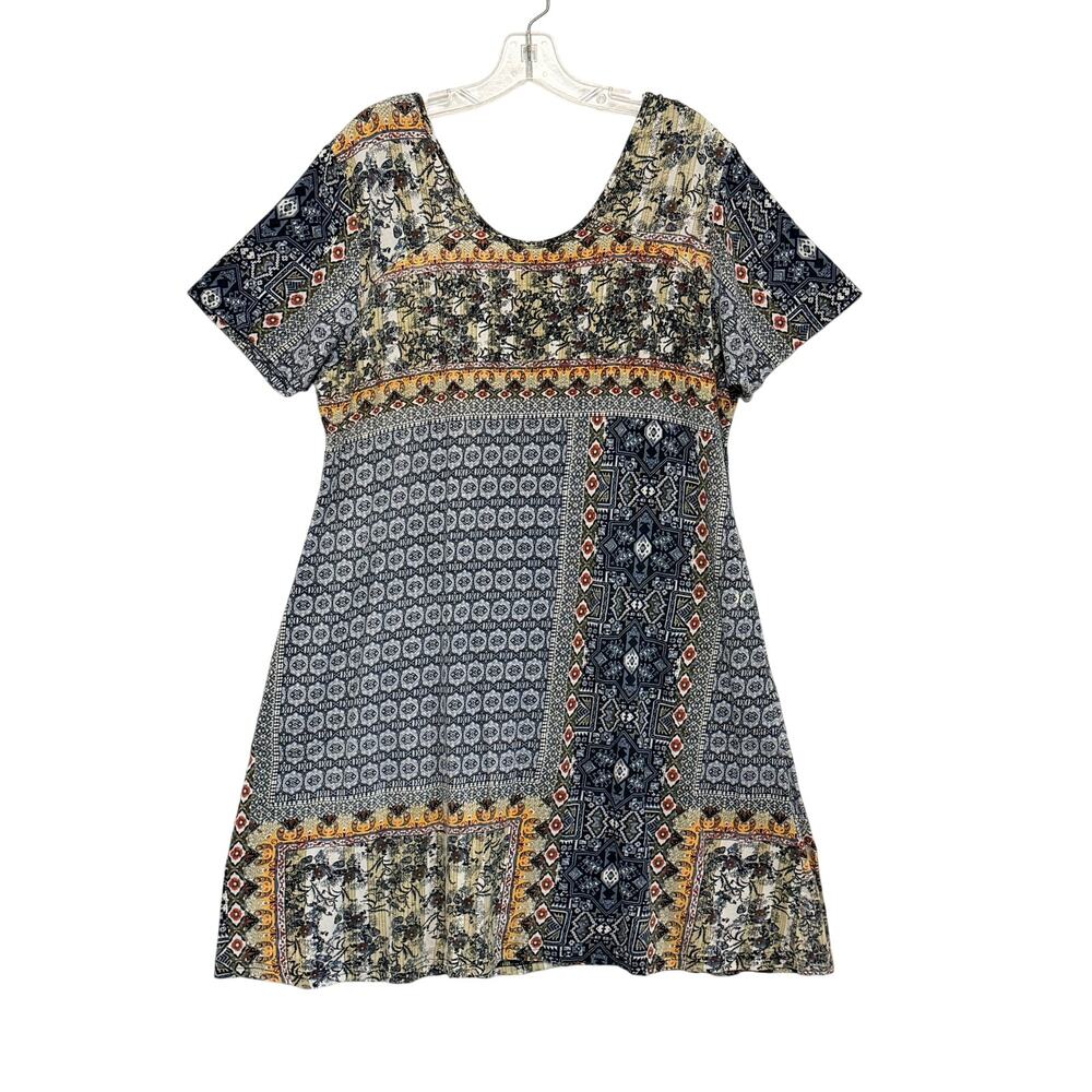 Parsley & Sage Short Sleeve Mixed Media Patchwork Tunic Dress Blue XL Pockets